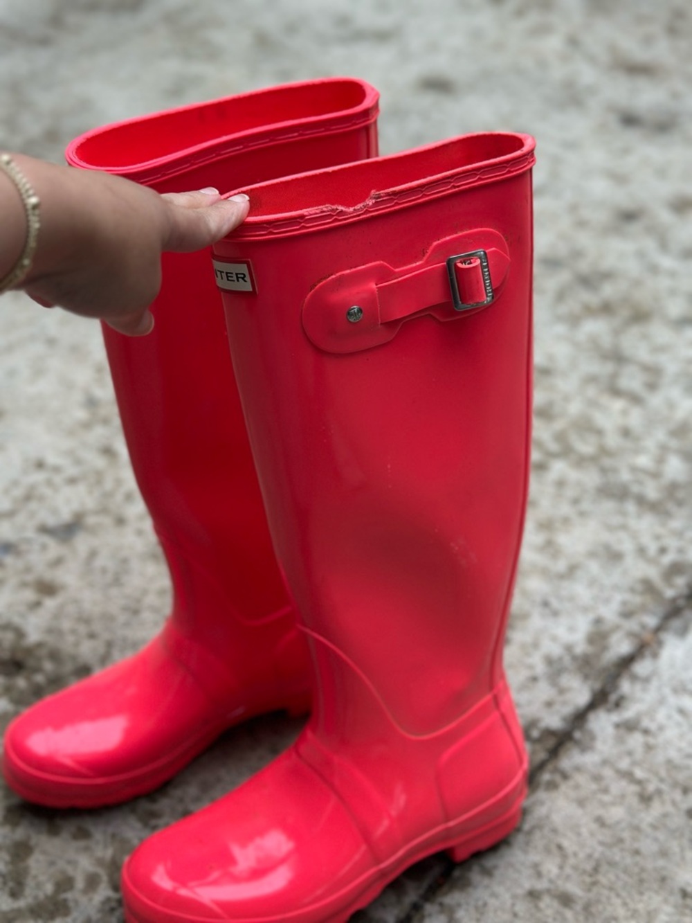 Hunter Original Tall Rain Boots Pink Red Gloss Waterproof Size 8 - Picture 4 of 12